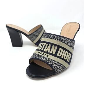 Christian Dior Dway Embroidered Heeled Mule Slides Blue IT 36.5 US 6.5